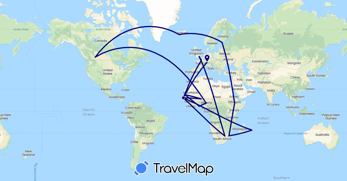 TravelMap itinerary: driving in Canada, Switzerland, Ethiopia, Finland, France, United Kingdom, Ghana, Iceland, Kenya, Mauritania, Mauritius, Mozambique, Niger, Nigeria, Senegal, South Africa (Africa, Europe, North America)